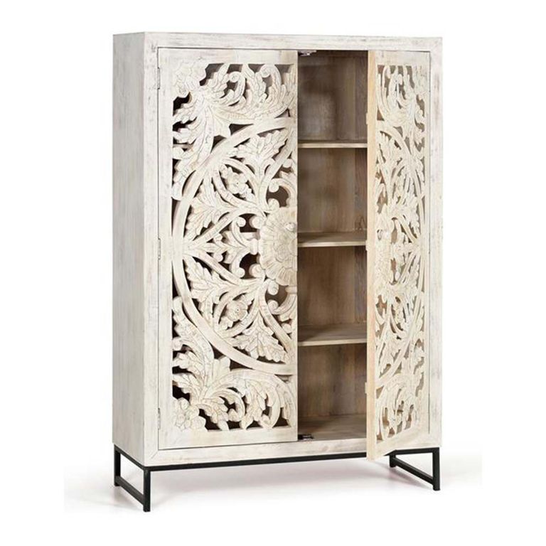 Quintana Hall Cabinet - Washed Carved - Mango Wood - 2 Door