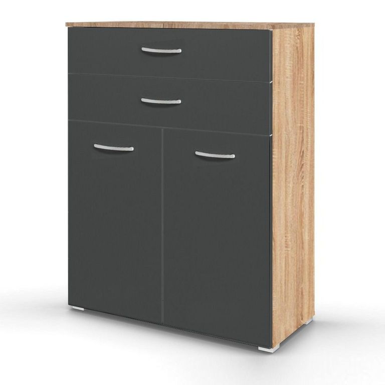 Rauch Aditio 2 Door Cupboard with 2 Top Drawer - Sonoma Oak and Metallic Dark Grey