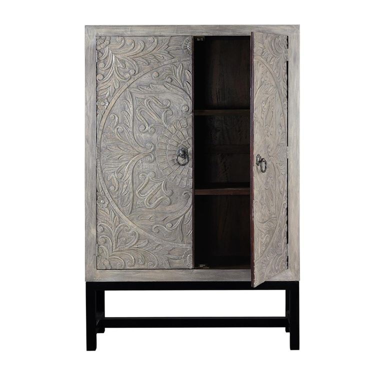 Scarlet Hall Cabinet - Grey Carved Mango Wood - 2 Door