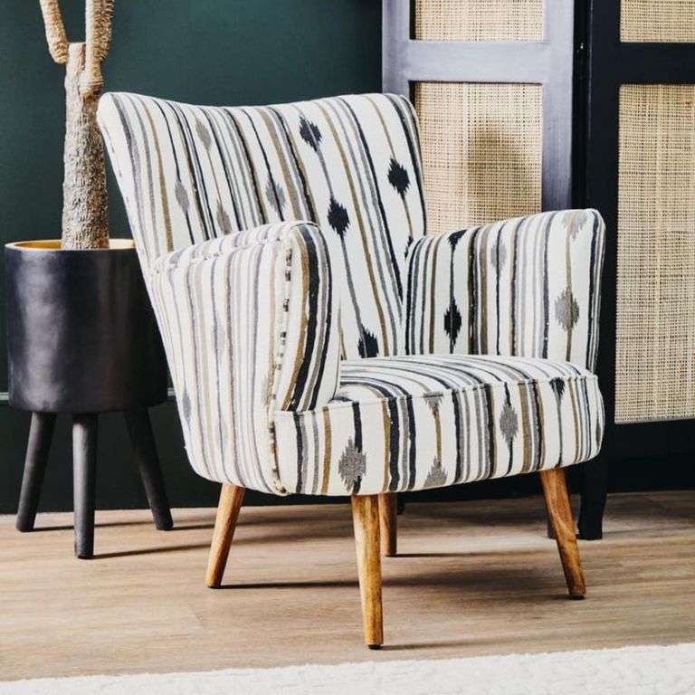 Cefena Armchair - White and Black Fabric with Flared Arms