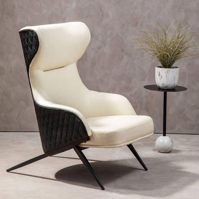 Kiev Armchair - Wing Back - Ivory Fabric and Black Faux Leather