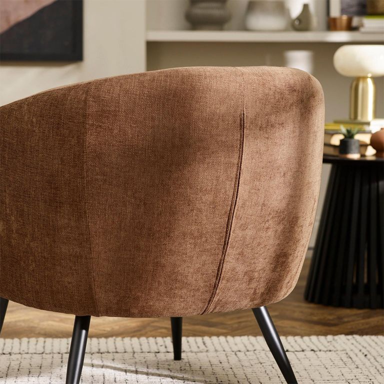 Dahlia Accent Chair - Curved Back - Rust Brown and Black - Linen Fabric and Metal