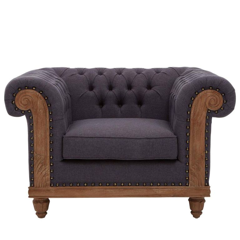 Cabra Chesterfield Armchair - Graphite Grey Fabric with Mahogany Wood