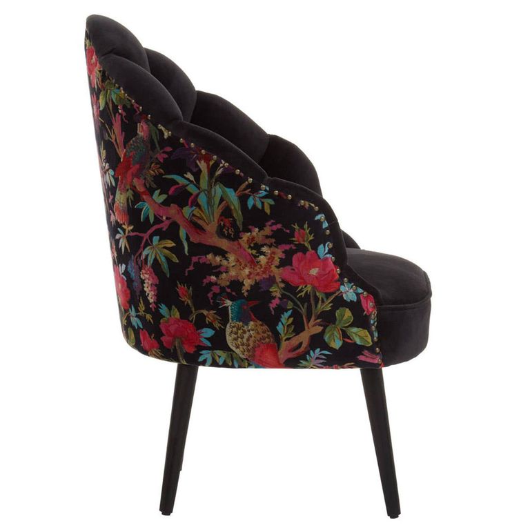 Cefena Chair - Scalloped - Black Fabric with Peacock Design
