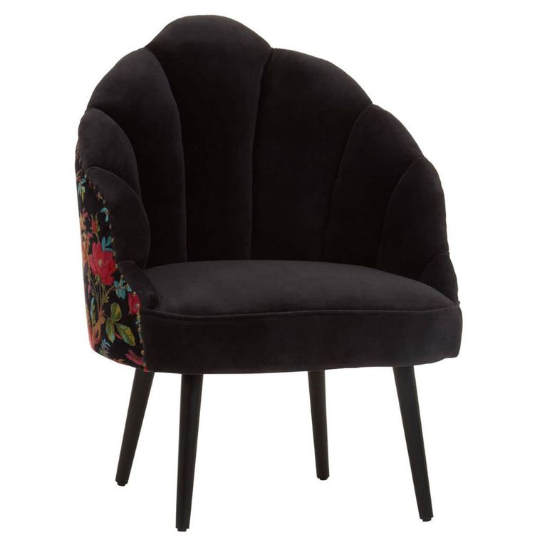 Cefena Chair - Scalloped - Black Fabric with Peacock Design