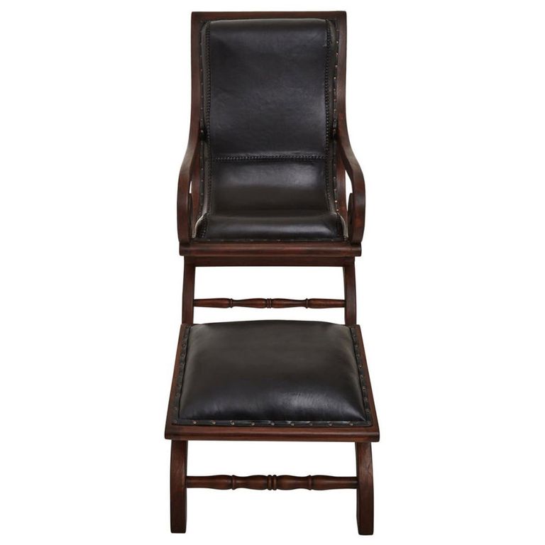 Inca Chair - Black Leather with Teak Wood - Lounge with Footstool