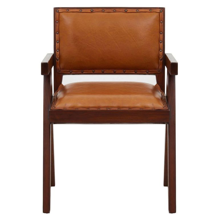 Inca Chair - Brown Leather with Teak Wood - Large Angular