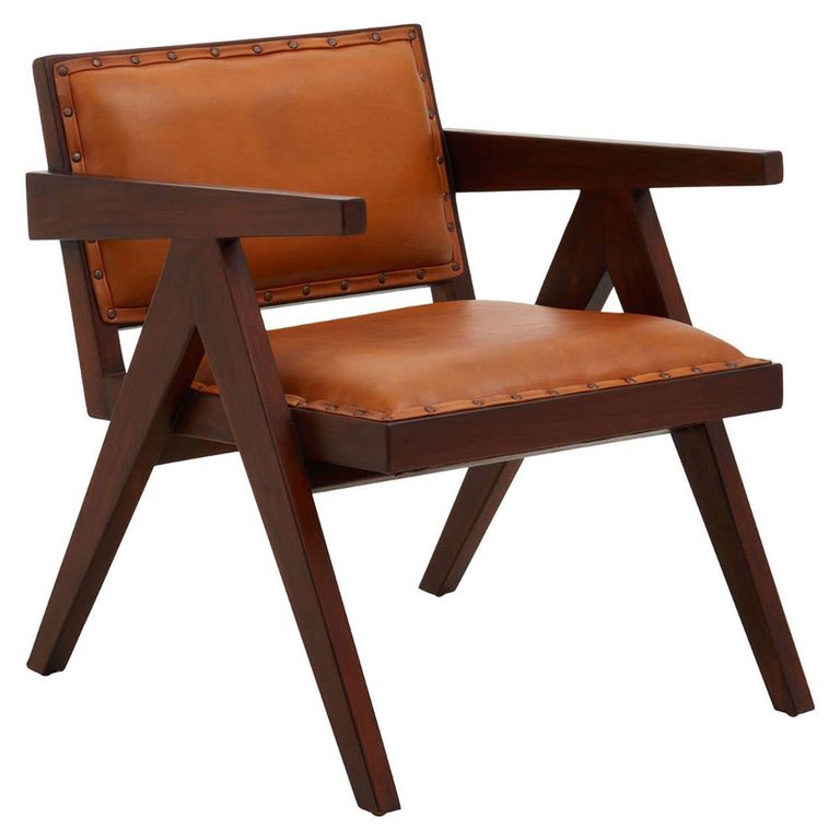 Inca Chair - Brown Leather with Teak Wood - Small Angular