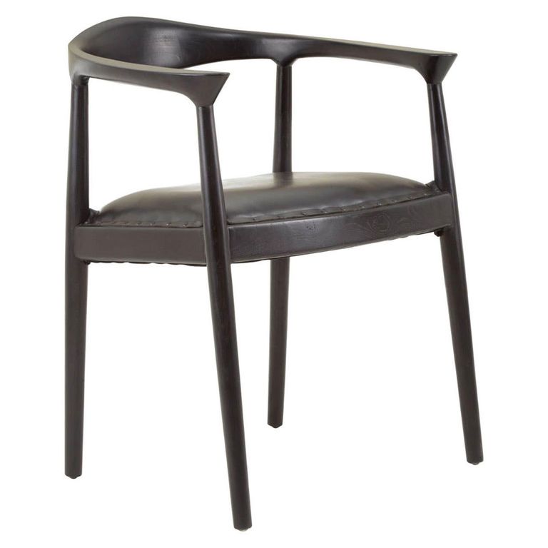 Kendari Armchair - Curved Back - Black Leather with Teak Wood