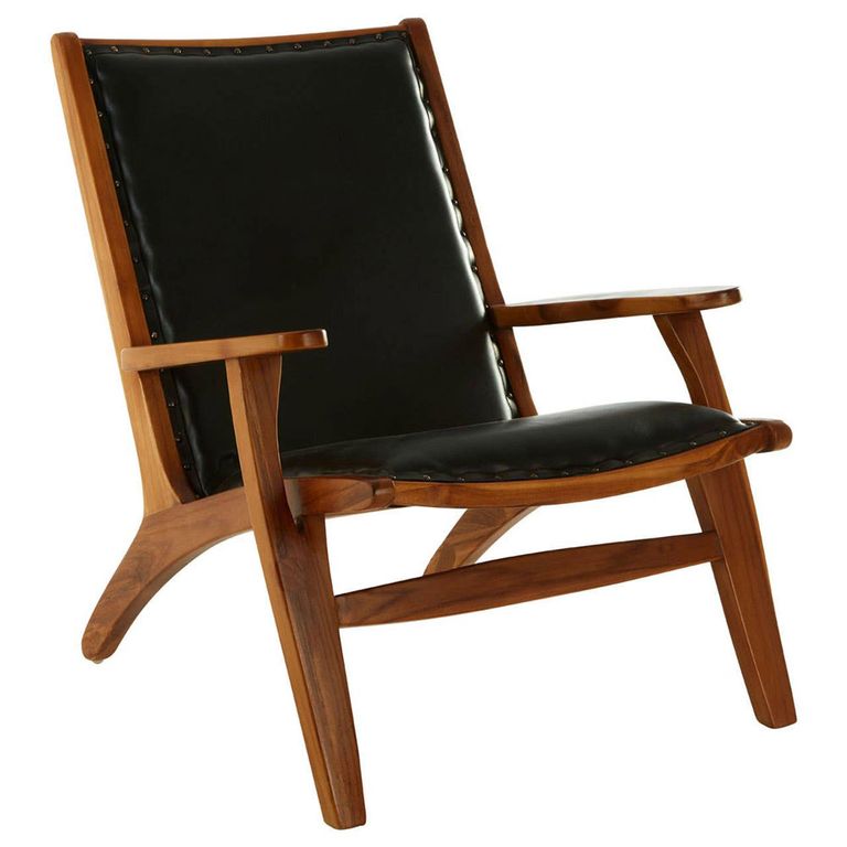 Kendari Lounge Chair - Black Leather with Teak Wood