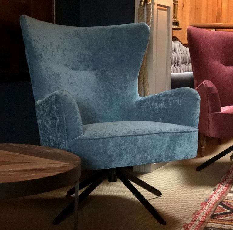 Salinas Ocean Blue Chenille Fabric Swivel Armchair