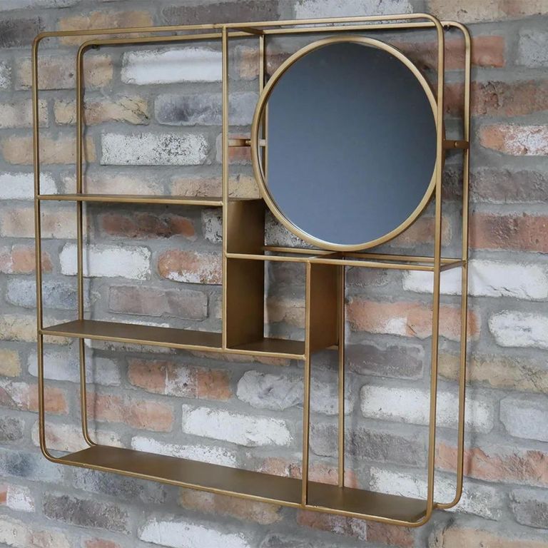 Clearance - Wall Shelf - Gold Metal - with Round Mirror - A502