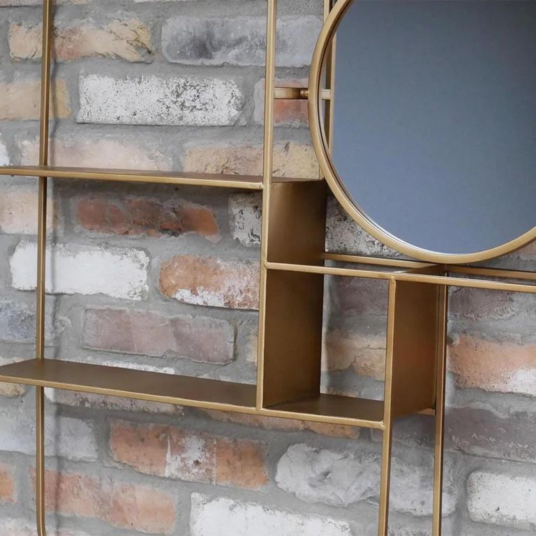 Clearance - Wall Shelf - Gold Metal - with Round Mirror - A502