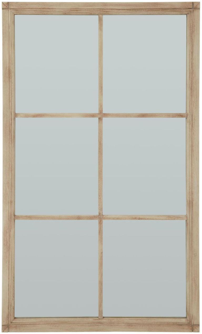 Antique Brown Washed Wood Large Window Mirror