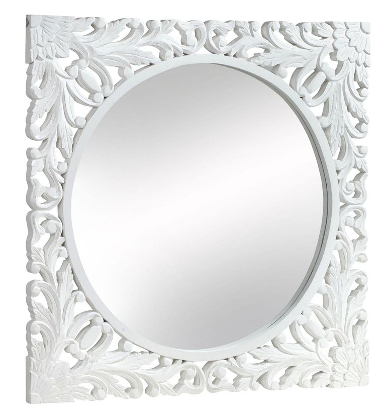 Boho White Carved Wooden Square Wall Mirror - 110cm x 110cm