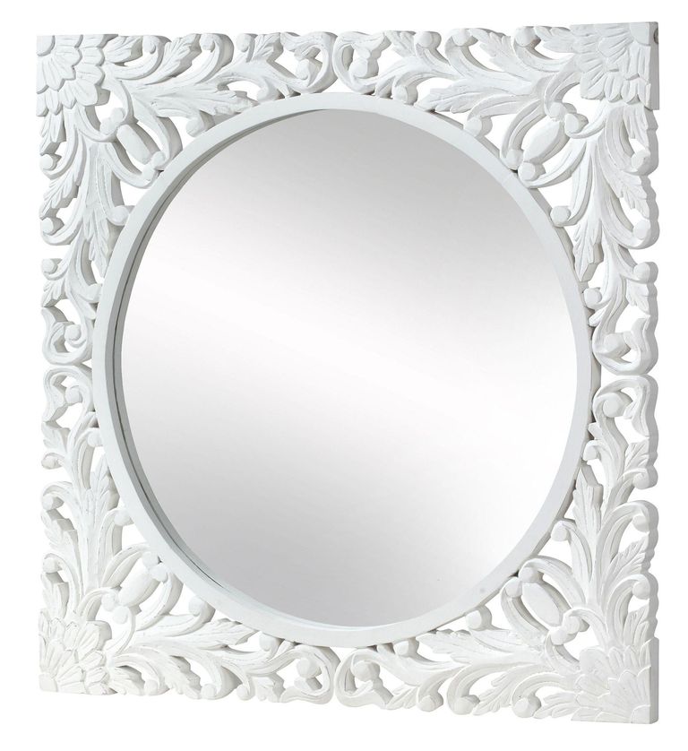 Boho White Carved Wooden Square Wall Mirror - 110cm x 110cm