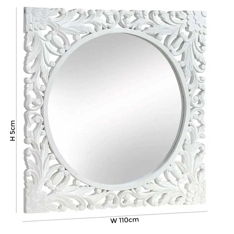Boho White Carved Wooden Square Wall Mirror - 110cm x 110cm
