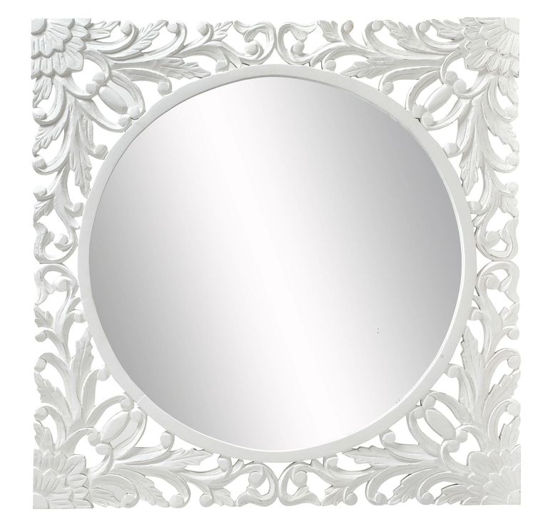 Boho White Carved Wooden Square Wall Mirror - 110cm x 110cm