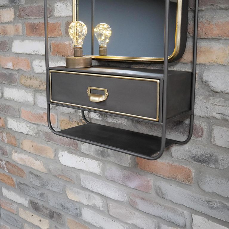 Wall Unit - Black Metal and Gold - 1 Drawer - with Mirror