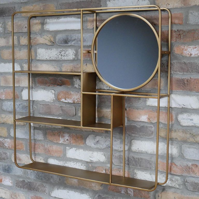 Shelves - Gold Metal - with Round Mirror