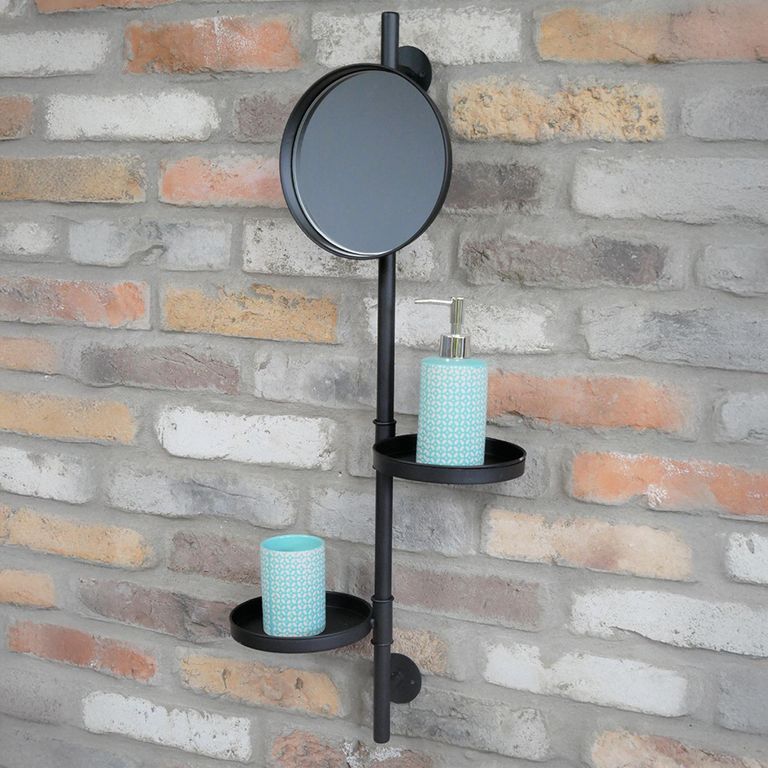 Wall Mirror - Black Metal - with Shelves