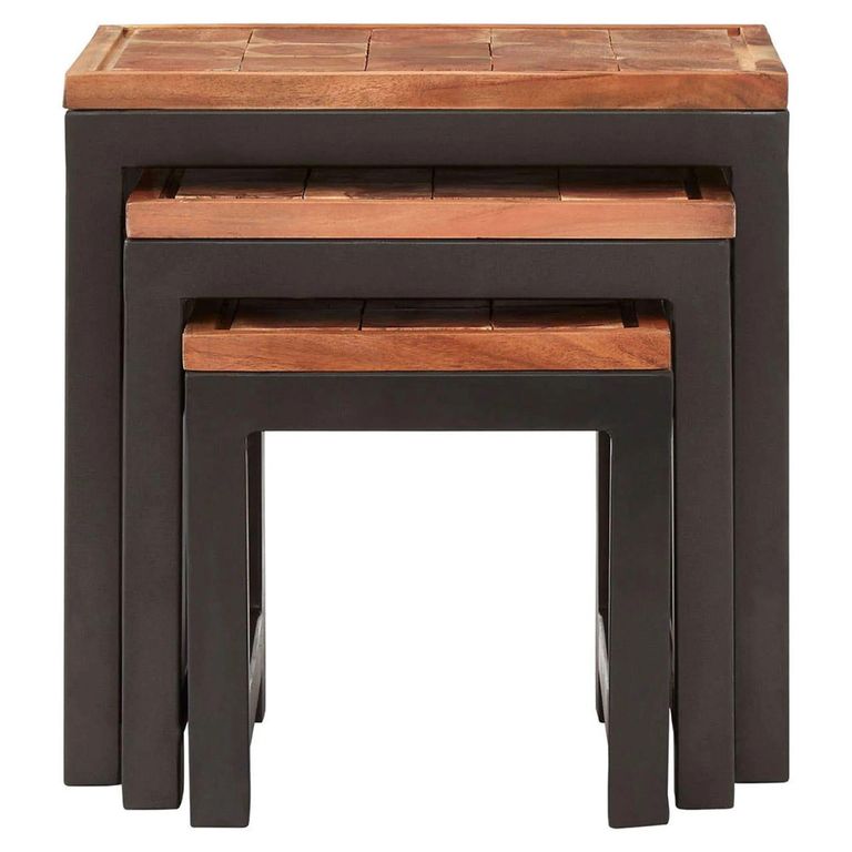 Artisan Nest of 3 Tables - Brown Acacia Wood with Metal Base