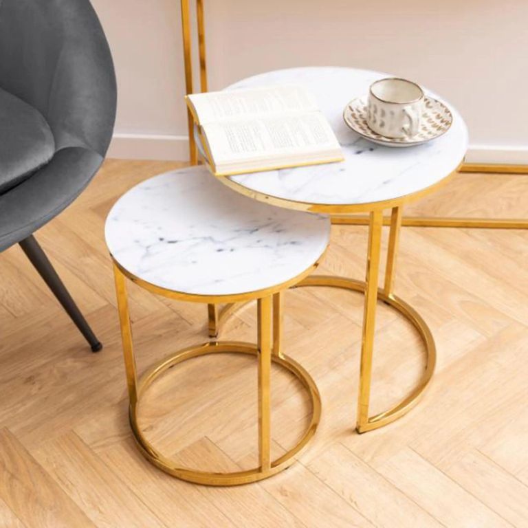Alisma Nest of Tables - Set of 2 - Round - White Marble and Gold Metal