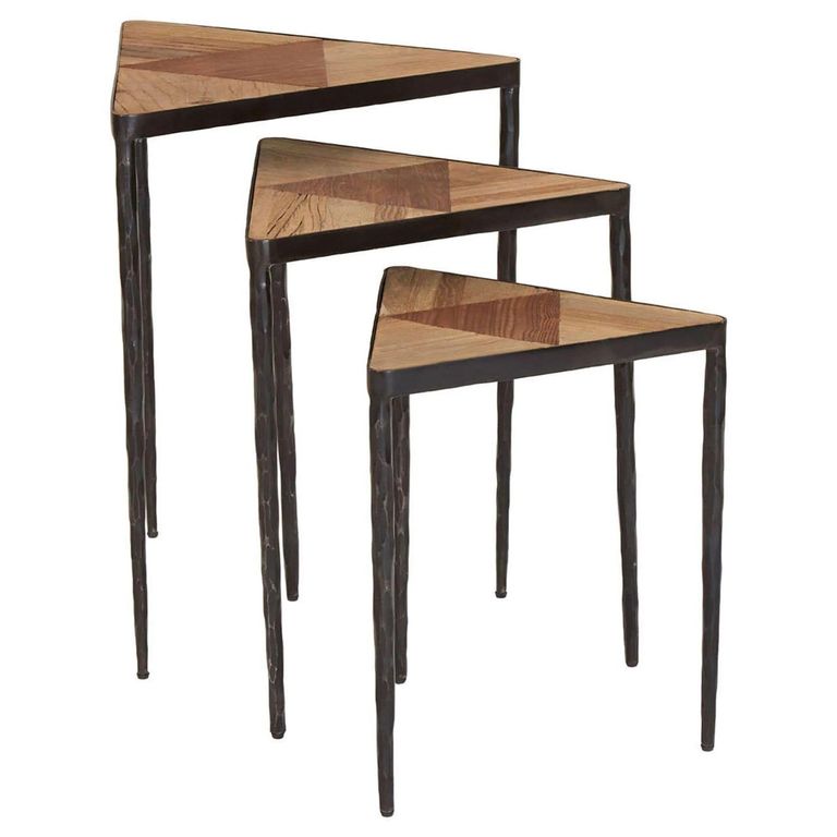 Elmo Nest of 3 Tables - Triangular - Textured Elm Wood and Metal
