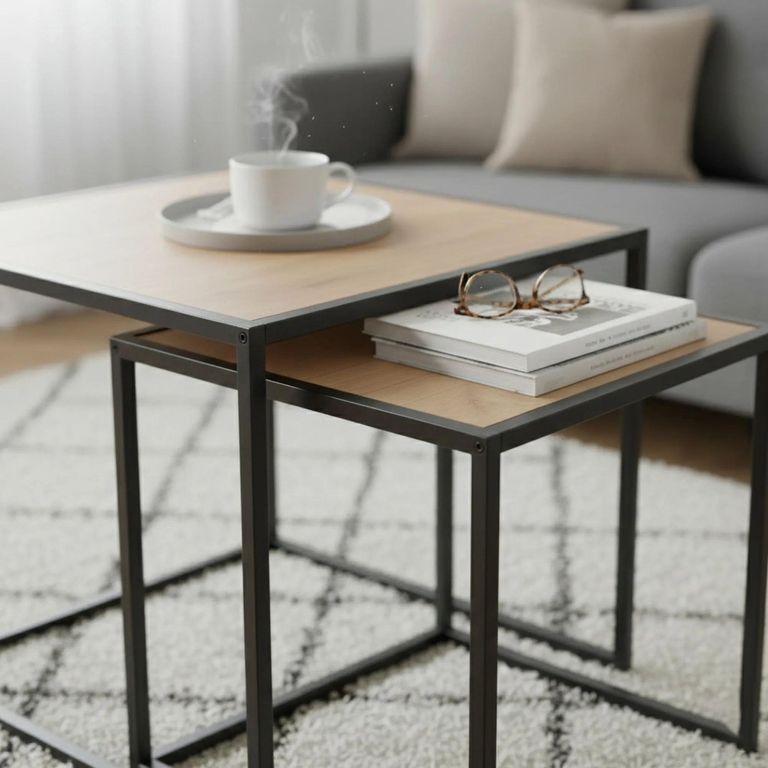 Seaford Nest of Tables - 2 - Square - Oak and Black Metal