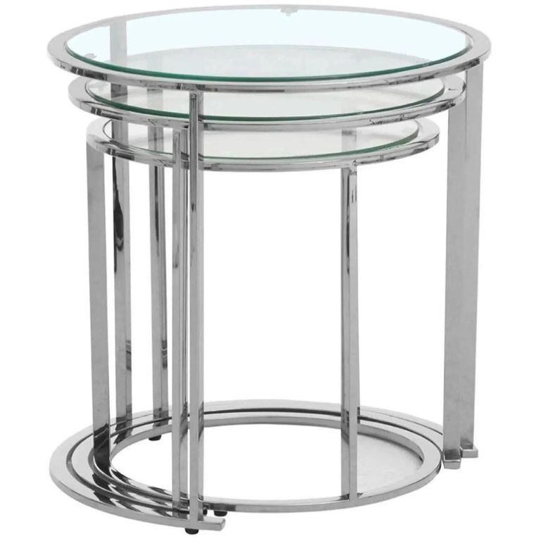 Clearance - Allure Glass Round Nest of 3 Tables with Silver Base - A305