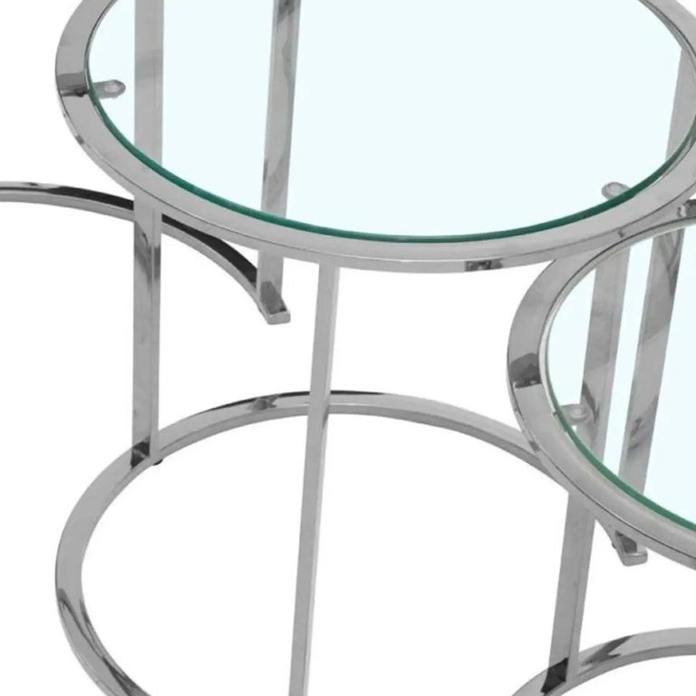 Clearance - Allure Glass Round Nest of 3 Tables with Silver Base - A305