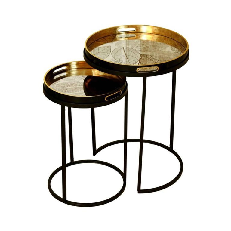 Nest of Tables - Olin - Antique Gold Leaves Glass - Round - Set of 2 - Tray