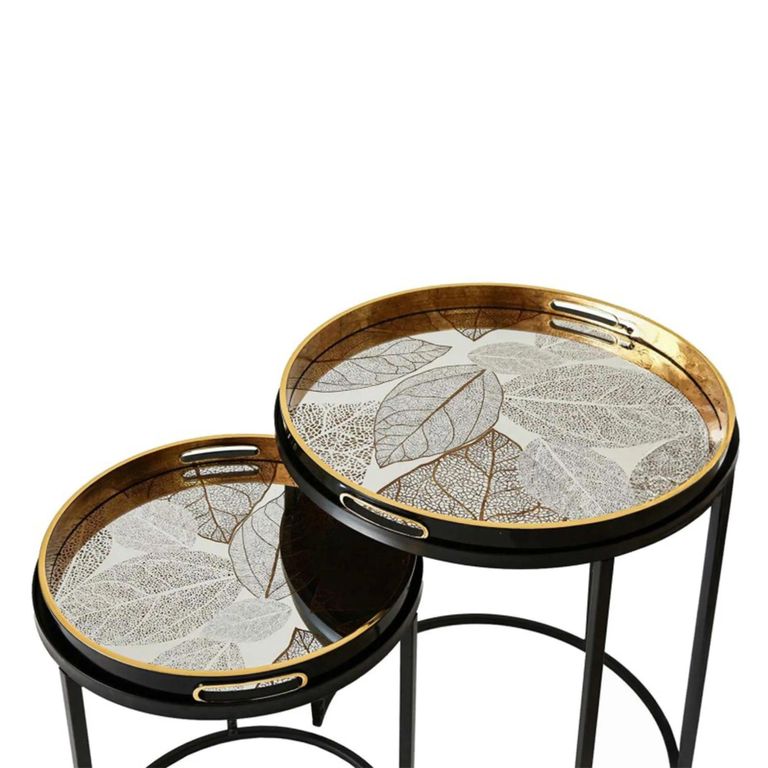 Nest of Tables - Olin - Antique Gold Leaves Glass - Round - Set of 2 - Tray
