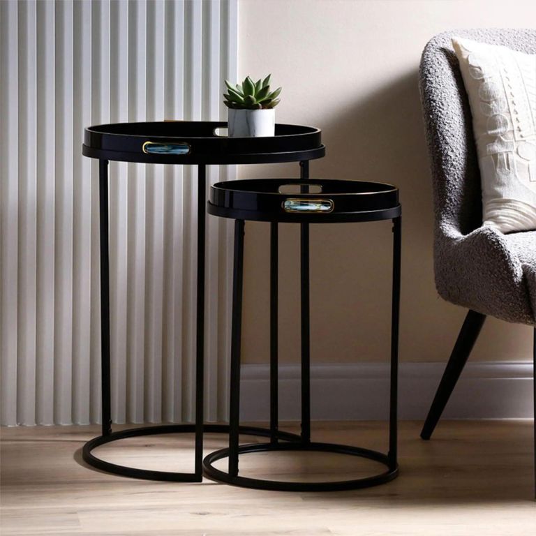 Nest of Tables - Olin - Black and Teal Green Glass - Round - Set of 2