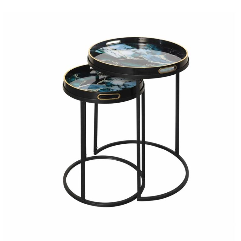 Nest of Tables - Olin - Black and Teal Green Glass - Round - Set of 2