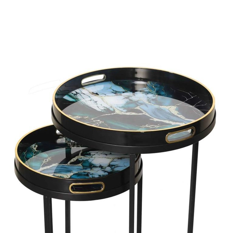 Nest of Tables - Olin - Black and Teal Green Glass - Round - Set of 2