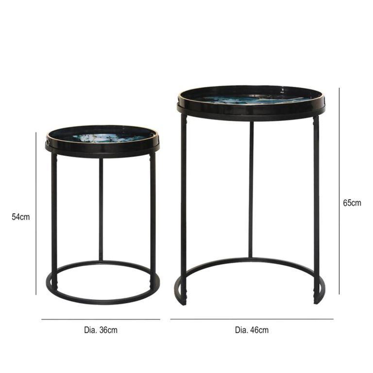 Nest of Tables - Olin - Black and Teal Green Glass - Round - Set of 2
