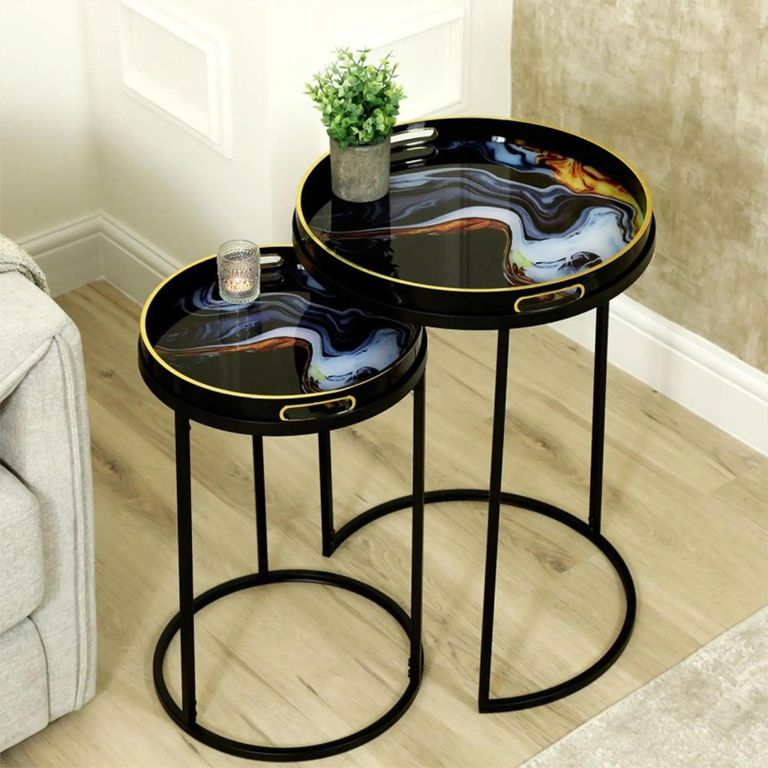 Nest of Tables - Olin - Black and Blue Glass - Round - Set of 2