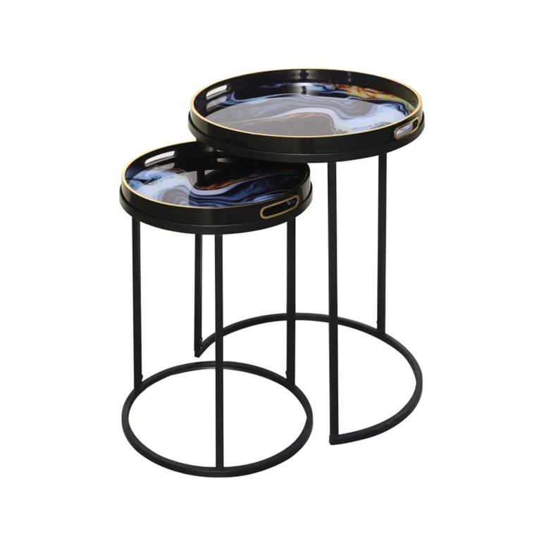 Nest of Tables - Olin - Black and Blue Glass - Round - Set of 2