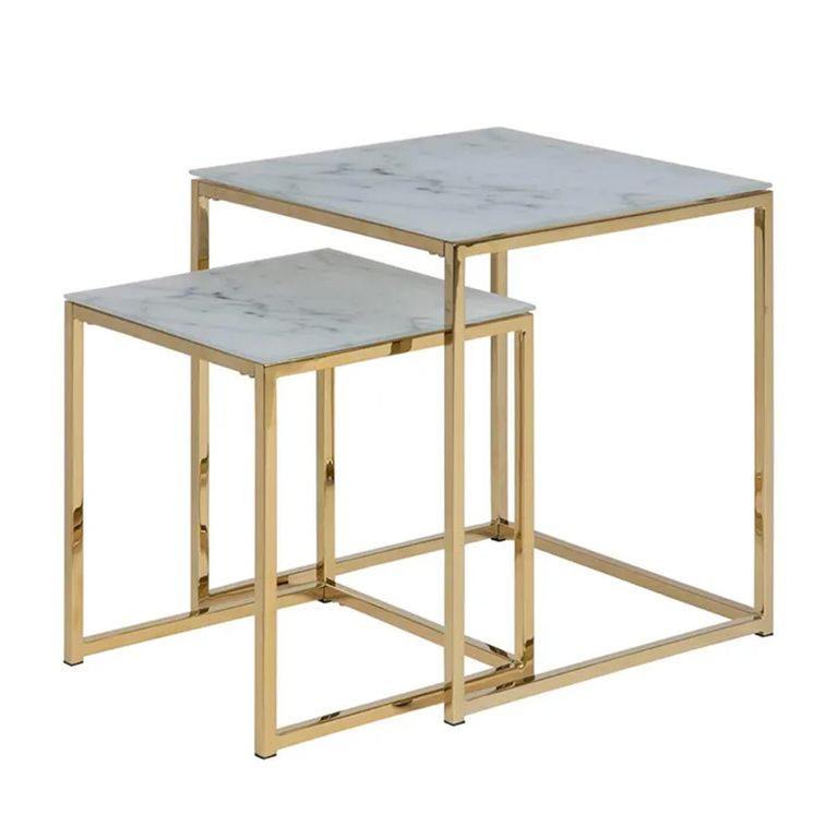 Clearance - Alisma Nest of 2 Tables - White Marble Effect and Gold - A407