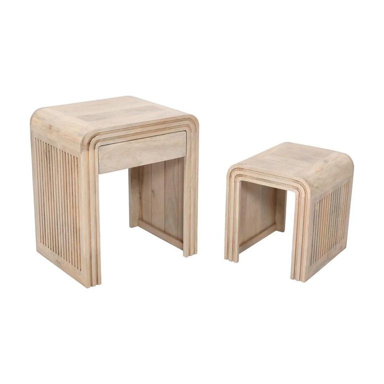 Hudson Nest of Tables - Set of 2 - with Drawer - Ribbed Carved - Mango Wood