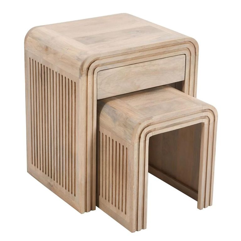 Hudson Nest of Tables - Set of 2 - with Drawer - Ribbed Carved - Mango Wood