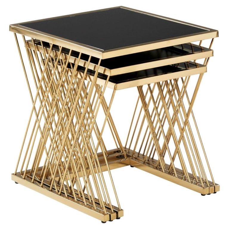 Arezzo Nest of Tables - Set of 3 - Black Glass with Gold