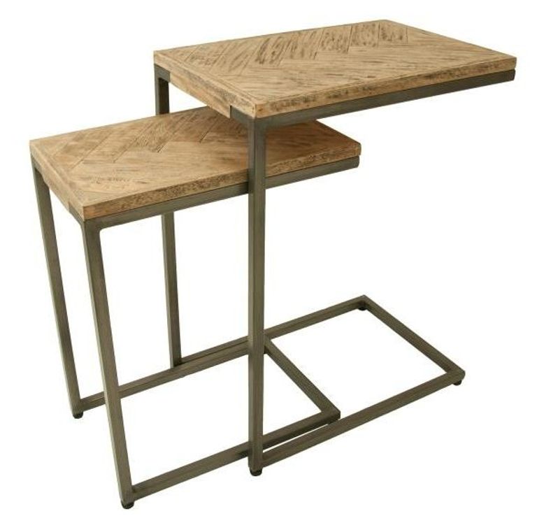 Chevron Set of 2 Mango Wood Supper Tables - Brushed Gunmetal Base