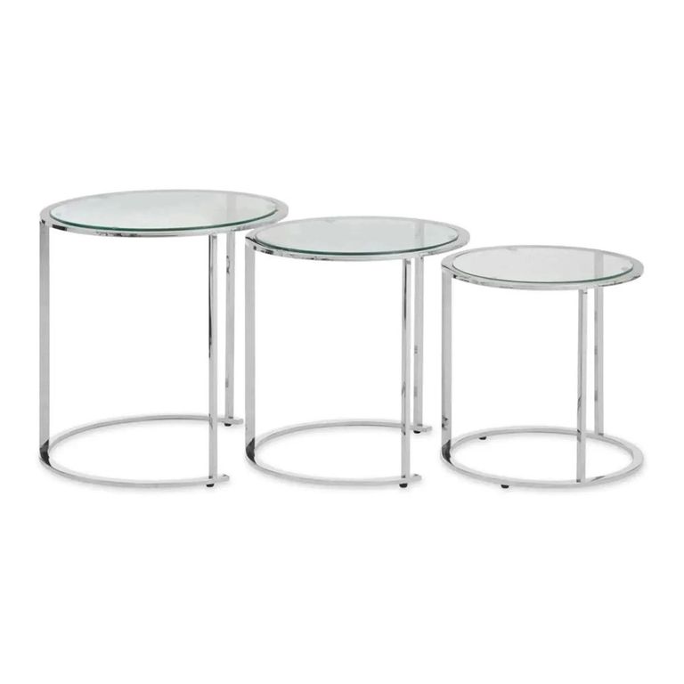 Clearance - Allure Glass Round Nest of 3 Tables with Silver Base - A305