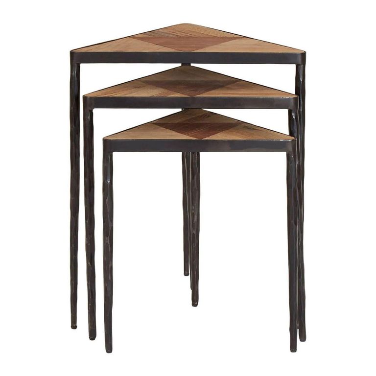 Elmo Nest of 3 Tables - Triangular - Textured Elm Wood and Metal