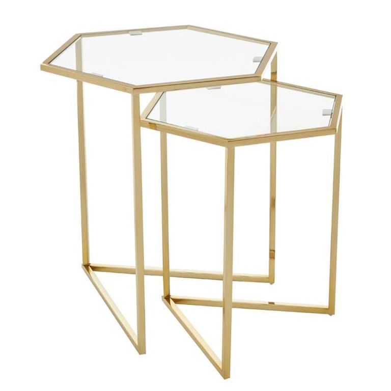 Herber Nest of 2 Tables - Hexagon - Clear Glass with Gold Metal