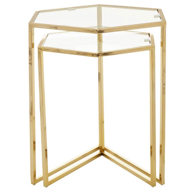Herber Nest of 2 Tables - Hexagon - Clear Glass with Gold Metal