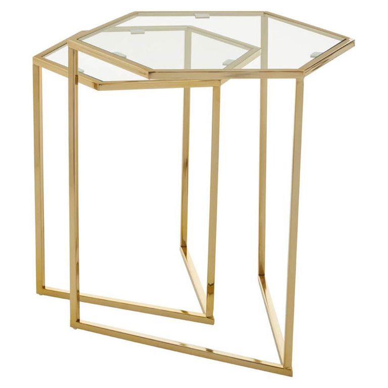 Herber Nest of 2 Tables - Hexagon - Clear Glass with Gold Metal