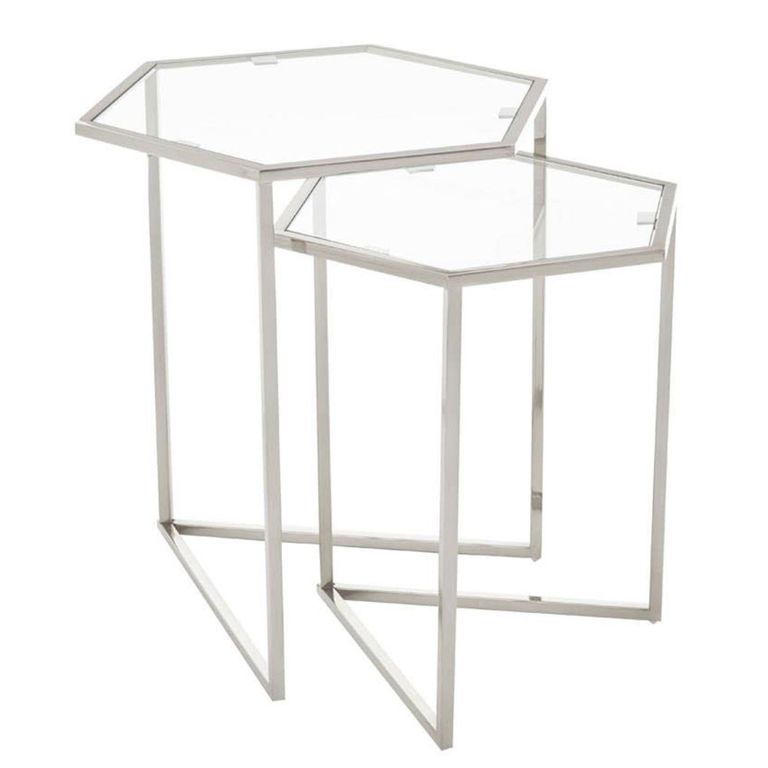 Herber Nest of 2 Tables - Hexagon - Clear Glass with Silver Metal